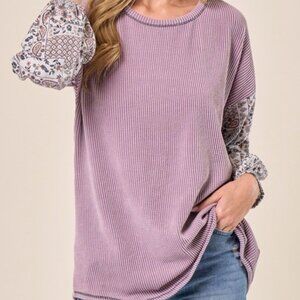 Purple Ribbed Contrast Sleeve Cozy Blouse